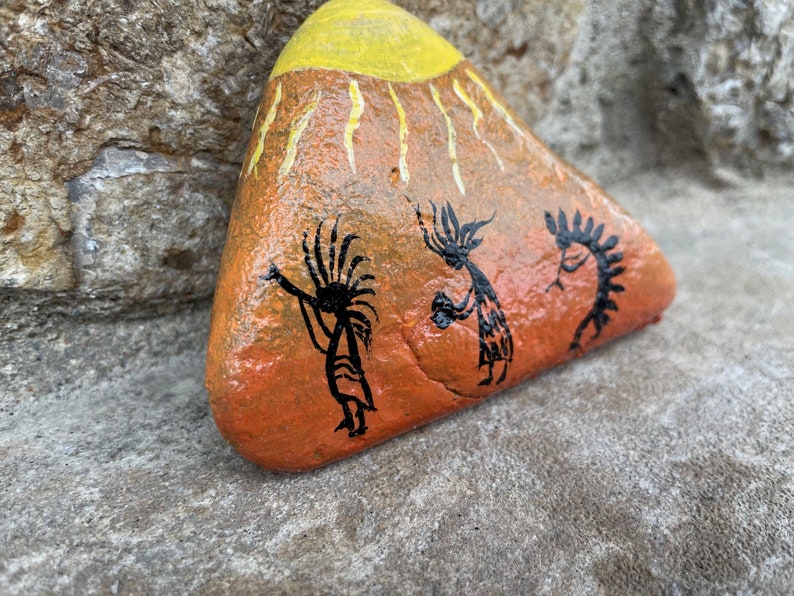 Triangular Painted Rocks Kokopelli Rock, Sun Rock, Southwestern Rock, Native American Style Rock ...