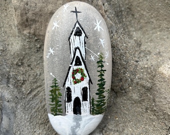 Church rock, Church Steeple, Sunday rock, Christmas Church, Painted rock, Country Church