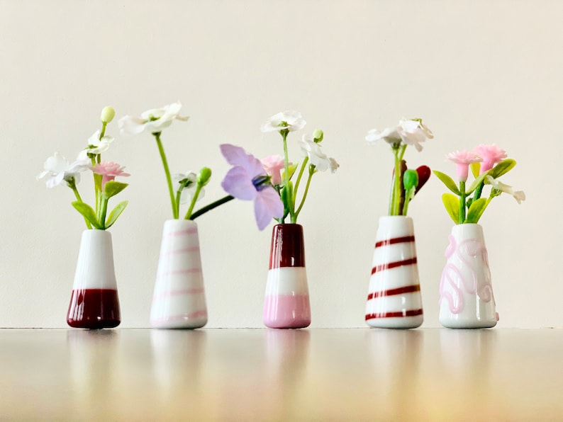 Miniature glass Bud Vase Pink and Dark Red Designs image 1