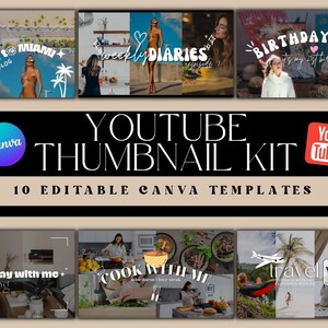 May include: A set of 10 editable Canva templates for YouTube thumbnails. The templates feature a variety of designs, including a travel vlog, a birthday vlog, a cooking vlog, and a weekly diary vlog. The templates are designed to be eye-catching and engaging, and they can be easily customised to fit your specific needs.