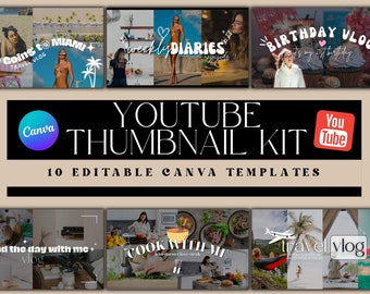 Aesthetic YouTube Channel Thumbnails | 10 Editable Canva Templates | YouTube Thumbnails | Vlogging