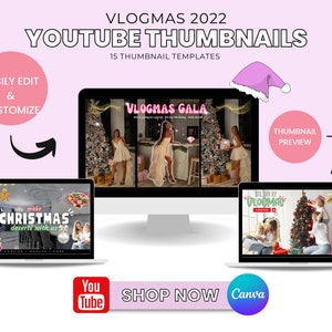 Vlogmas Thumbnail Kit | 15 Christmas YouTube Thumbnail Templates | Editable Canva Templates For YouTube