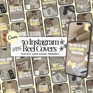 May include: A collection of smartphone screen templates featuring beige and white aesthetic designs with text overlays including 50 Instagram Reel Covers, The Power of Personal Branding, 9 Visual Hooks, and The Key to Viral Social Media Marketing.