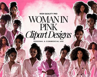 May include: Digital artwork featuring illustrations of women in pink attire. The text reads "WOMAN IN PINK Clipart Designs" with the phrases "HIGH QUALITY PNG" and "PERSONAL & COMMERCIAL USE".