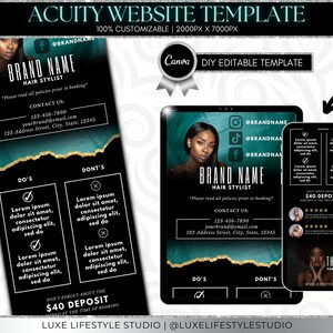 May include: A black and teal website template for a hair stylist. The template features a photo of a woman with long black hair, a gold and teal marble background, and the text "BRAND NAME HAIR STYLIST". The template also includes a section for contact information, a section for services, and a section for booking appointments.