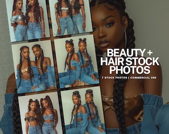 May include: Seven stock photos featuring women with long, braided hairstyles. The women are wearing denim clothing and have a variety of hairstyles, including braids, twists, and locs. The photos are high-quality and perfect for use in beauty, fashion, and hair care marketing materials. BEAUTY + HAIR STOCK PHOTOS 7 STOCK PHOTOS | COMMERCIAL USE