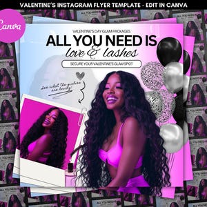 Valentine&#39;s Day Editable Canva Template, Holiday Lash Flyer, Instagram Post Template, February Booking Flyer, Social Media Template