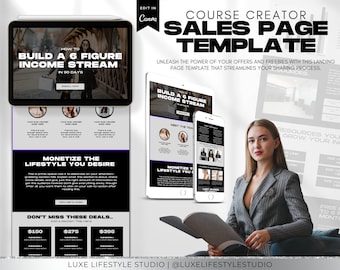 Plantilla de página de ventas para entrenadores y creadores de cursos, diseño de página de destino, sitio web editable en Canva