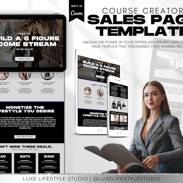 Sales Page Template for Coaches & Course Creators, Landing Page Design, Editable Canva Website