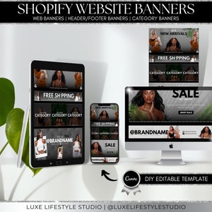 May include: A mockup of a computer screen and a mobile phone displaying a set of customizable website banners for an online store. The banners feature a black and white color scheme with a tropical leaf design and text that reads "Free Shipping", "New Arrivals", "Category", "Sale", and "@Brandname".