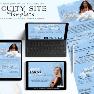 May include: A blue and white graphic design with the text "Blended Beauty" and a cloud background. The graphic includes a booking form with the text "Booking Hours" and "Contact Us".