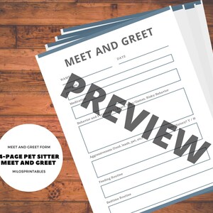 Può includere: Un modulo stampabile intitolato "Meet and Greet" per i pet sitter. Il modulo include sezioni per le informazioni sugli animali domestici, come nome, allergie, farmaci, comportamento e routine alimentare.