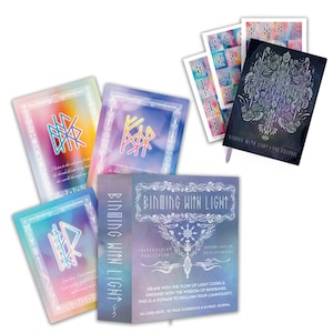 May include: A Binding With Light oracle deck set featuring a box, a journal, and cards with colourful gradient backgrounds, white line art, and runic symbols. The box displays the text Binding With Light and details about the 44 card deck, 187 page guidebook, and 64 page journal.