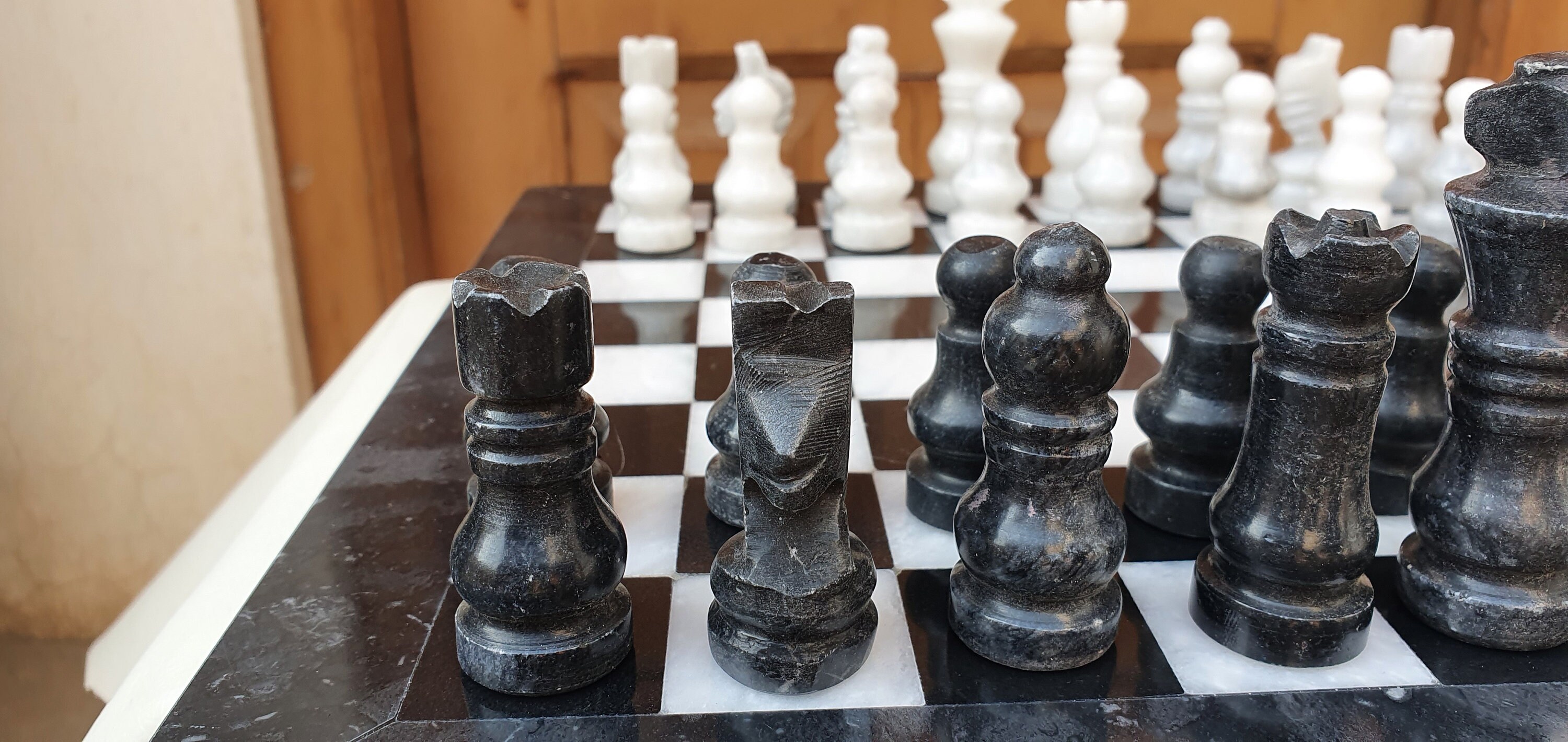 Juego de tablero de ajedrez hecho de mármol blanco y negro Etsy