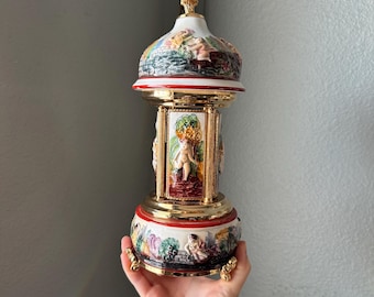 Vintage Swiss Reuge Dancing Ballerina Music Box Carousel Cigarette Lipstick  Holder Natural Italian Onyx Stone Case ( WATCH THE VIDEO )