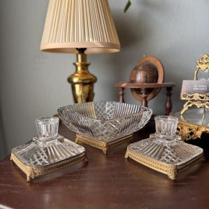 Art Deco Glass and Filigree Dish and Candlestick Holder Set / Hollywood Regency / Altar Decor