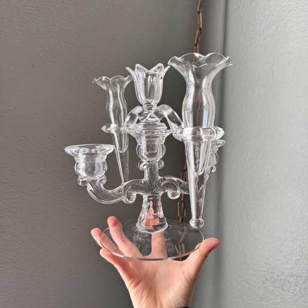 Antique Glass Epergne / 4 Piece Centerpiece with Bud Vases and Candlestick Holders