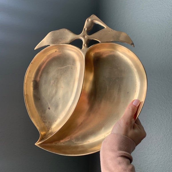 Vintage Heavy Brass Divided Peach Shaped Tray / Midcentury Brass Decor / MCM Brass Tray