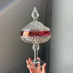 Vintage Indiana Diamond Point Ruby Flash Glass Pedestal Candy Dish