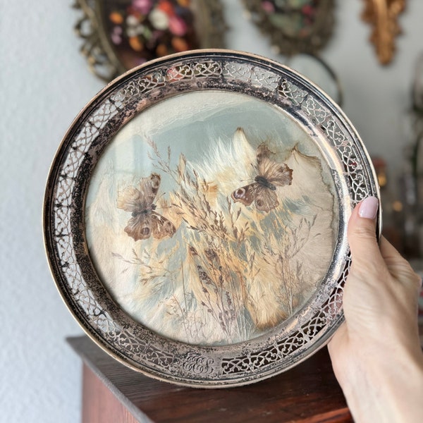 Antique Sterling Silver Dish Inlaid with Glass, Pressed Florals, and Moths / With Sterling Silver Hallmarks