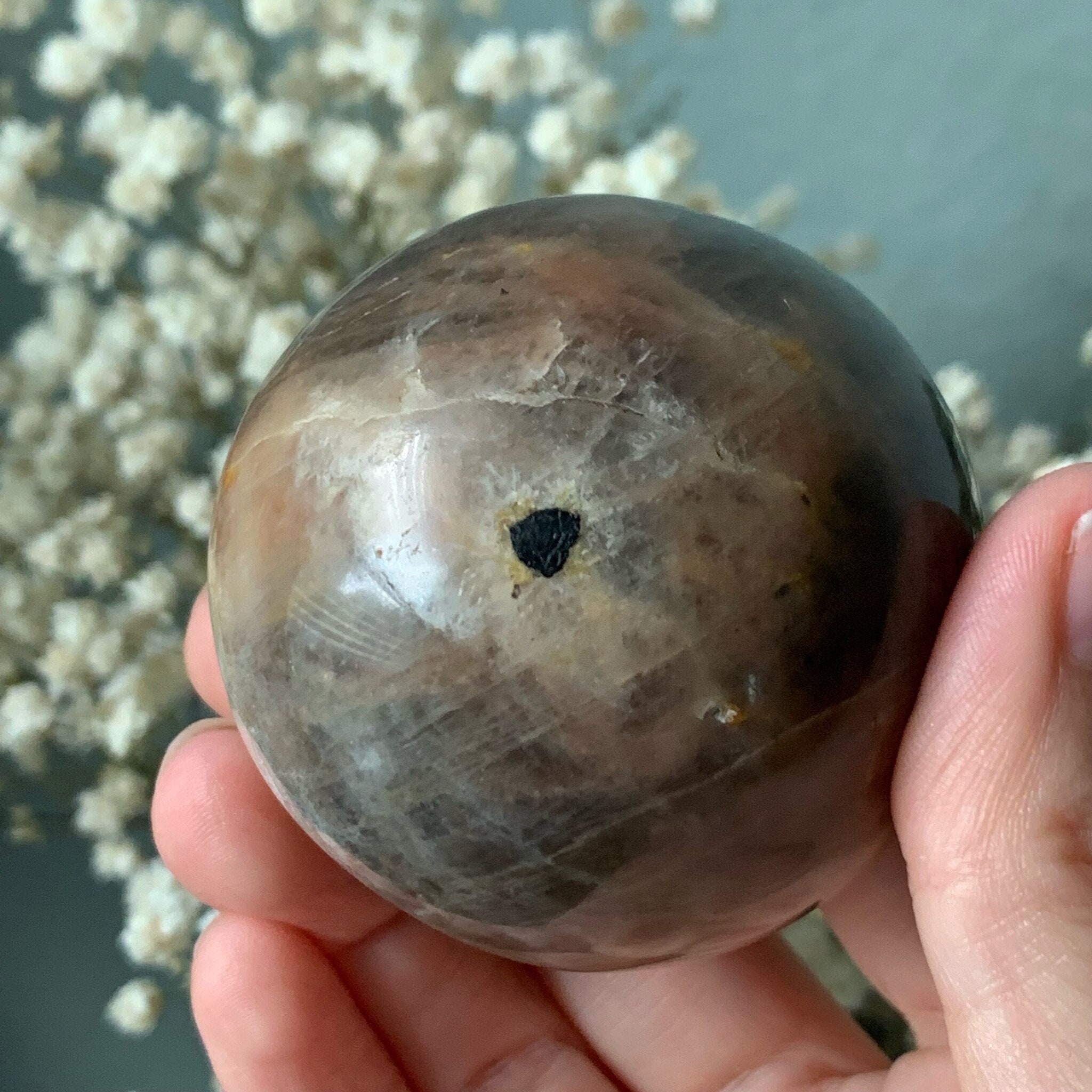 Black Moonstone Sphere With Silver Flash / 2.125 Inches Diameter