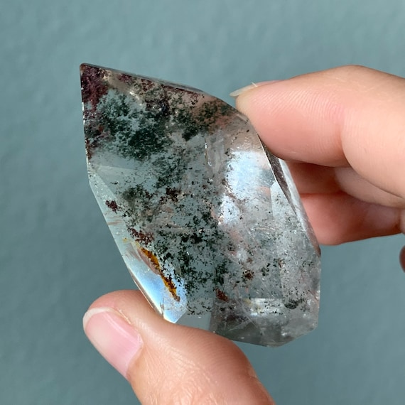 GardenQuartz × RainbowMoonstonenecklace Garden Quartz Free Form With Rainbow / Lodolite / Clear Quartz