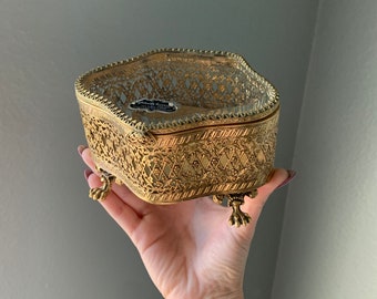 Hollywood Regency Stylebuilt Paw Foot Casket Box / Vintage Filigree Jewelry Box / Vintage Vanity Decor