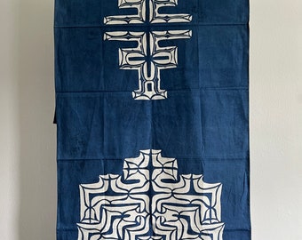 Scarf wall-hanging Ainu inspired motif handdrawn batik tulis indigo 20" x 60"