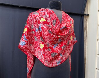 Batik hand stamped scarf on floral patterned silk