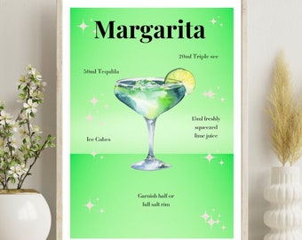 Op de afbeelding: Een groene en witte printbare poster met de titel "Margarita" en instructies voor het maken van een margarita-cocktail. De poster bevat een aquarel-illustratie van een margarita-glas gevuld met een groene vloeistof en een limoenwig.