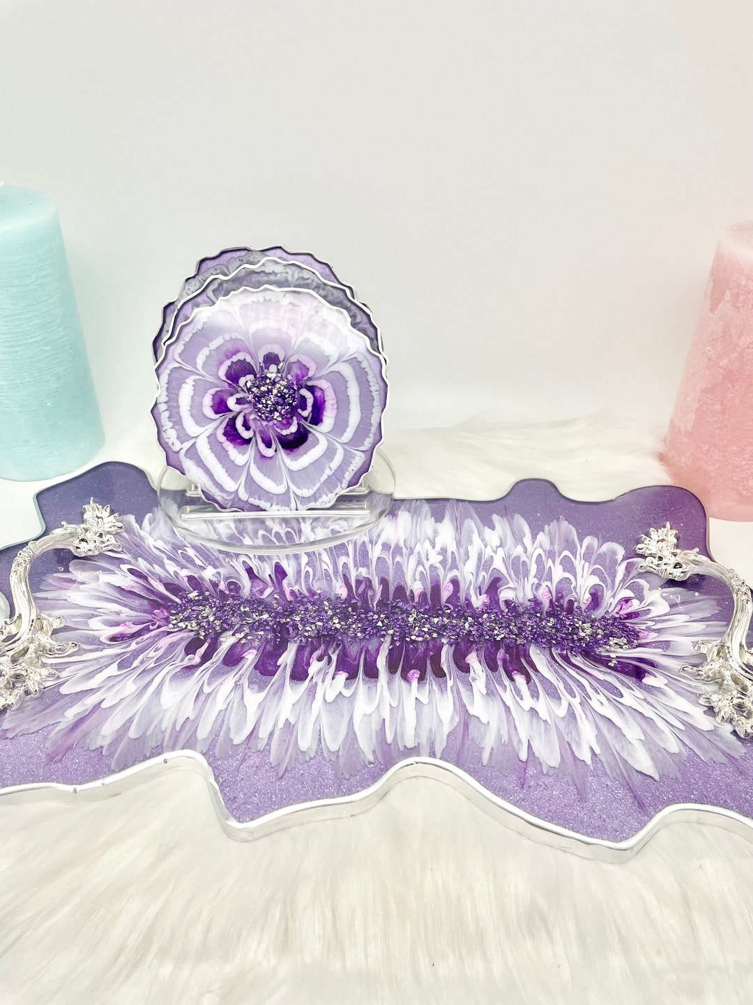 Purple Vanity Tray, Decorative Tray, Geode Tray Set, Makeup Tray, Resin ...