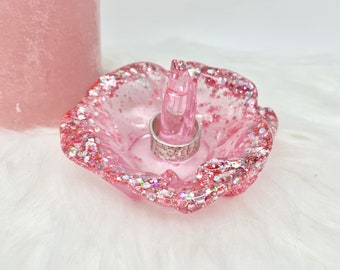 Pink Flower Crystal Ring Dish, Resin Jewelry Holder, Baby Pink Ring Dish, Gifts for her