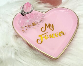 Pink Personalized Ring Dish, Resin Jewelry Holder, Heart Ring Dish, Gifts for her, Crystal Ring Dish