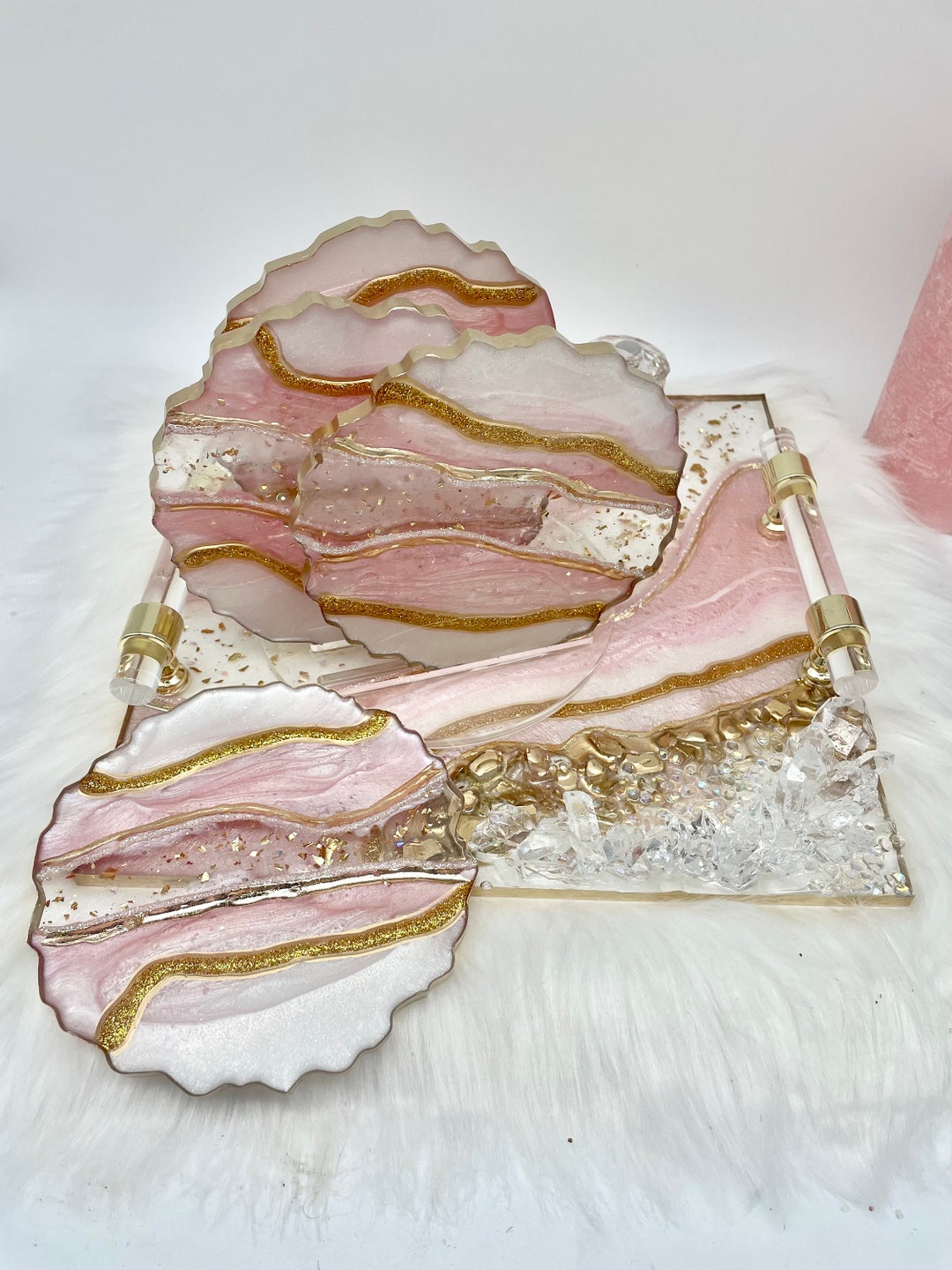 Large Geode Resin Vanity Tray, Pink Decorative Tray, Unique Serving