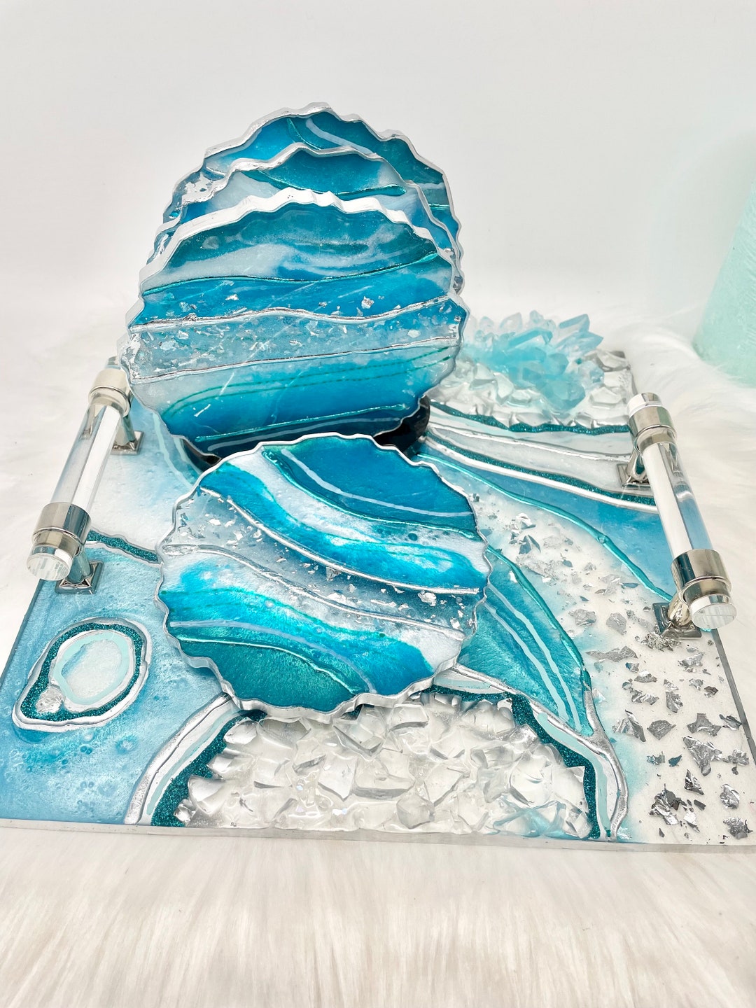Large Geode Resin Vanity Tray Turquoise Decorative Tray Etsy