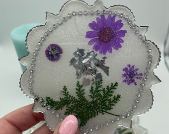 Princess Cut Flower Coasters, Resin Art Coasters, Coaster Set, Floral Coasters