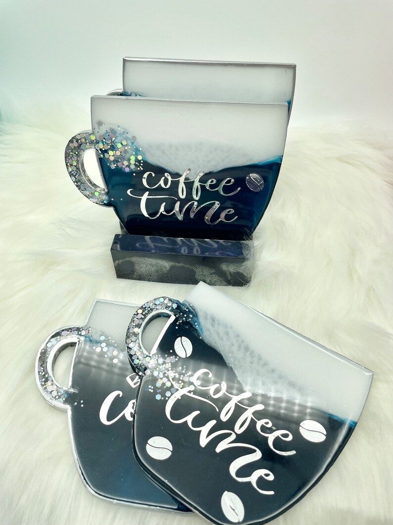Coffee Cup Coasters, Navy Blue Coaster Set, Resin Art Coasters, Cool Coasters, Unique Coasters, image 1