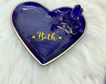 Purple Personalized Ring Dish, Resin Jewelry Holder, Heart Ring Dish, Gifts for her, Crystal Ring Dish