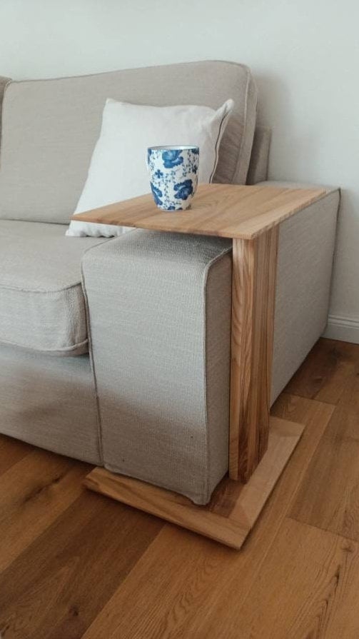 Sofa Tablett mit Drehbarem Handyhalter, Holz Bambus Couch Tablett