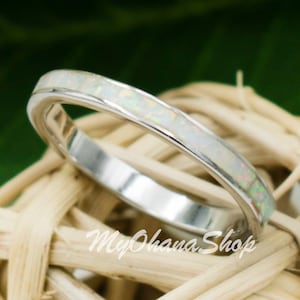 925 Sterling Silver Stackable Opal Band. 3mm Skinny, Created White, Blue or Pink Opal Inlay Rings For Thumb, Pinky, Index or Ring Fingers.