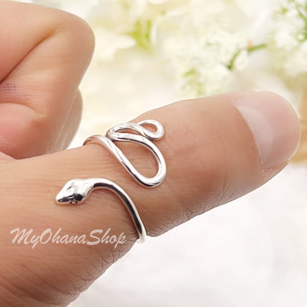 925 Sterling Silver Adjustable Snake Ring For Women, Girls. Wrapped Around Serpent Ring For Middle, Index, Thumb Ring.  Nature Snake Jewelry