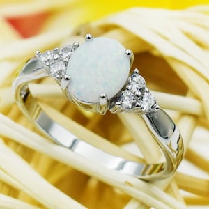 925 Sterling Silver Opal Ring With CZ For Women, Girls. 10mm Oval White, Blue, Pink Opal Pinky, Statement, Wedding Ring. Gift For Her.