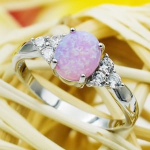 925 Sterling Silver Opal Ring With CZ For Women, Girls. 10mm Oval White, Blue, Pink Opal Pinky, Statement, Wedding Ring. Gift For Her.