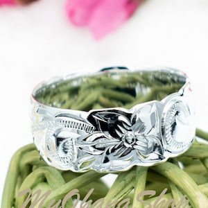 Sterling Silver Hawaiian Ring. Hand Carved, Engraved Classic Hawaiian Scrolled Plumeria Jewelry. Big Thumb, Index Pinky Band for Women Girls