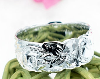 Sterling Silver Hawaiian Ring. Hand Carved, Engraved Classic Hawaiian Scrolled Plumeria Jewelry. Big Thumb, Index Pinky Band for Women Girls