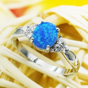 925 Sterling Silver Opal Ring With CZ For Women, Girls. 10mm Oval White, Blue, Pink Opal Pinky, Statement, Wedding Ring. Gift For Her.