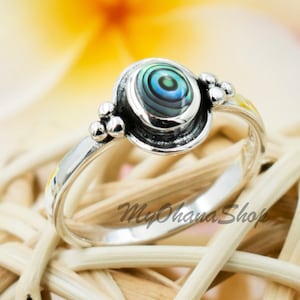 925 Sterling Silver Abalone, Turquoise or Black Onyx Ring For Women, Girls.  8mm Stackable Pinky, Statement, Index or Thumb Ring For Her.