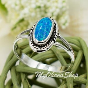 925 Sterling Silver Blue, White Opal Ring For Women, Girls.  15mm Oval Opal, Tribal, Native Design Statement Ring.  Pinky to Thumb Ring.