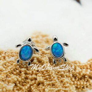 925 Sterling Silver Sea Turtle Earrings For Girls, Women.  Small, 9mm, 1/3&quot; Created Opal Inlaid Baby Hawaiian Sea Turtle Stud Earrings.