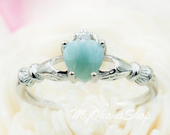 925 Sterling Silver Larimar Claddagh Ring For Her, Girls, Women.  6mm Real Larimar Heart Irish Love Ring.  Promise, Purity, Valentine's Ring